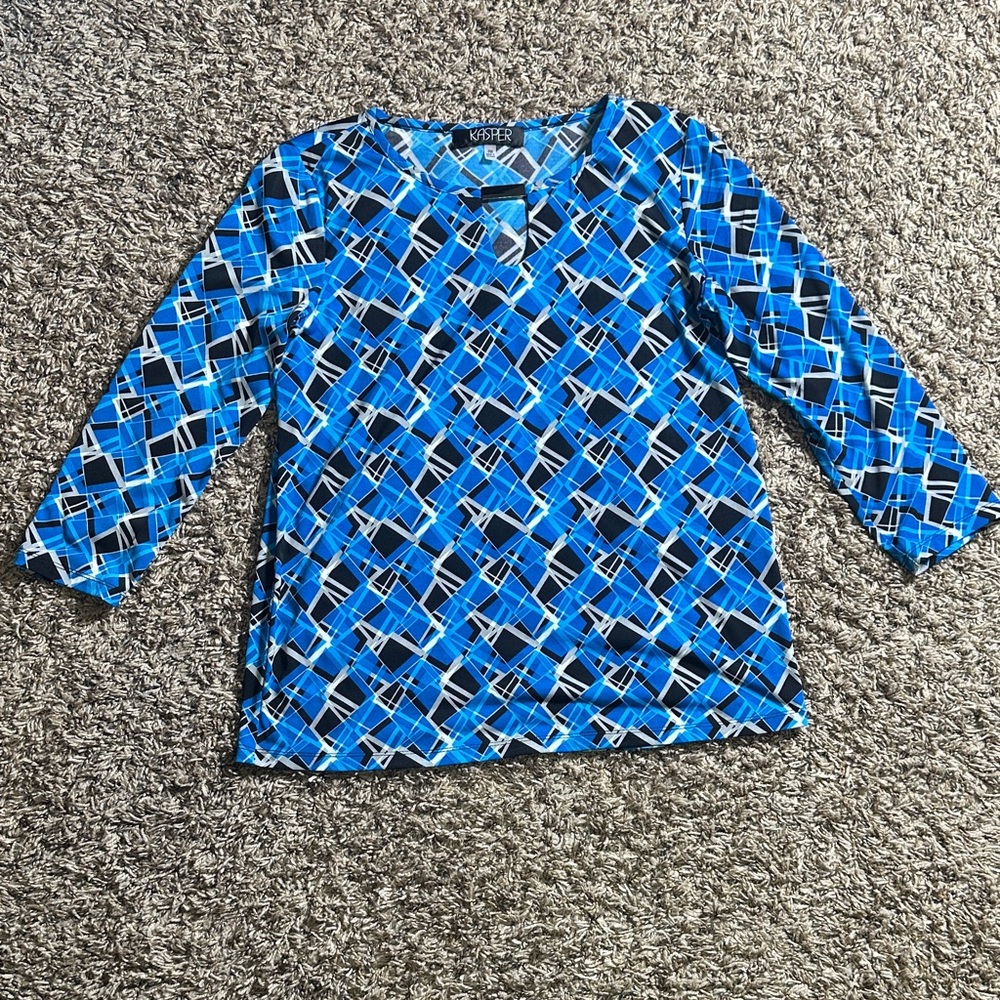 Kasper Vibrant Blue and black Patterned Blouse size Petite M